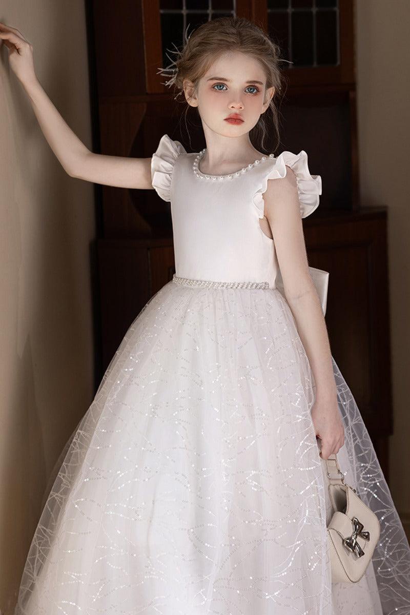 Sequin Tulle Ruffle Sleeves Pearl V-Back Bow Flower Girl Dresses 915170698367 - 7 Days / As Picture / 5Y - COCOMELODY